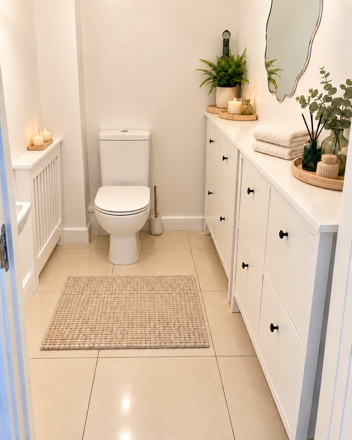 Digitally styled home cloakroom with a white slatted radiator cover, small candles, folded towels and greenery
