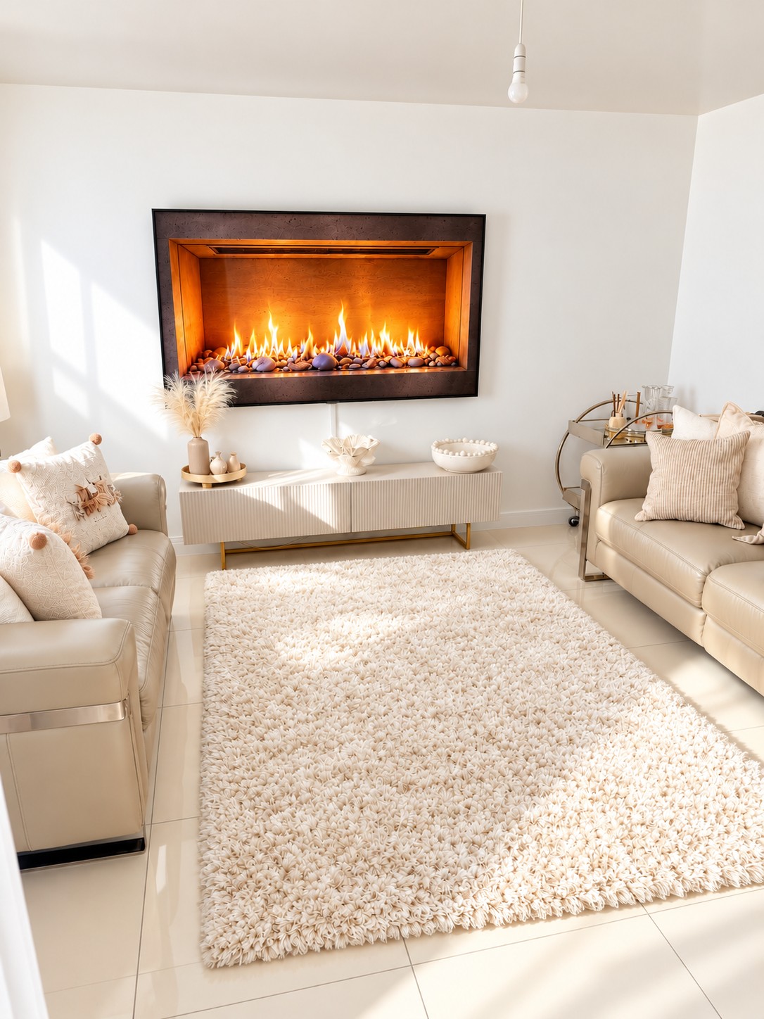 Digitally styled after view with a fresh ivory rug laid flat and furnishings neatly arranged