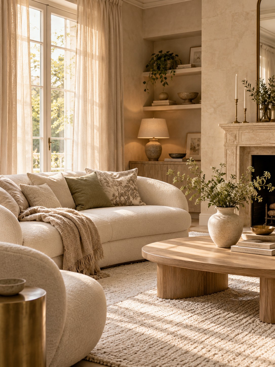 Illustrative warm ivory living room with cream sofa, oak table and soft natural light